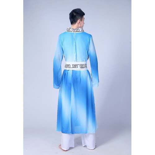Chinese traditional folk dance costumes for men's male competition Blue stage performance hanfu warrior swordsmen cosplay robes clothes